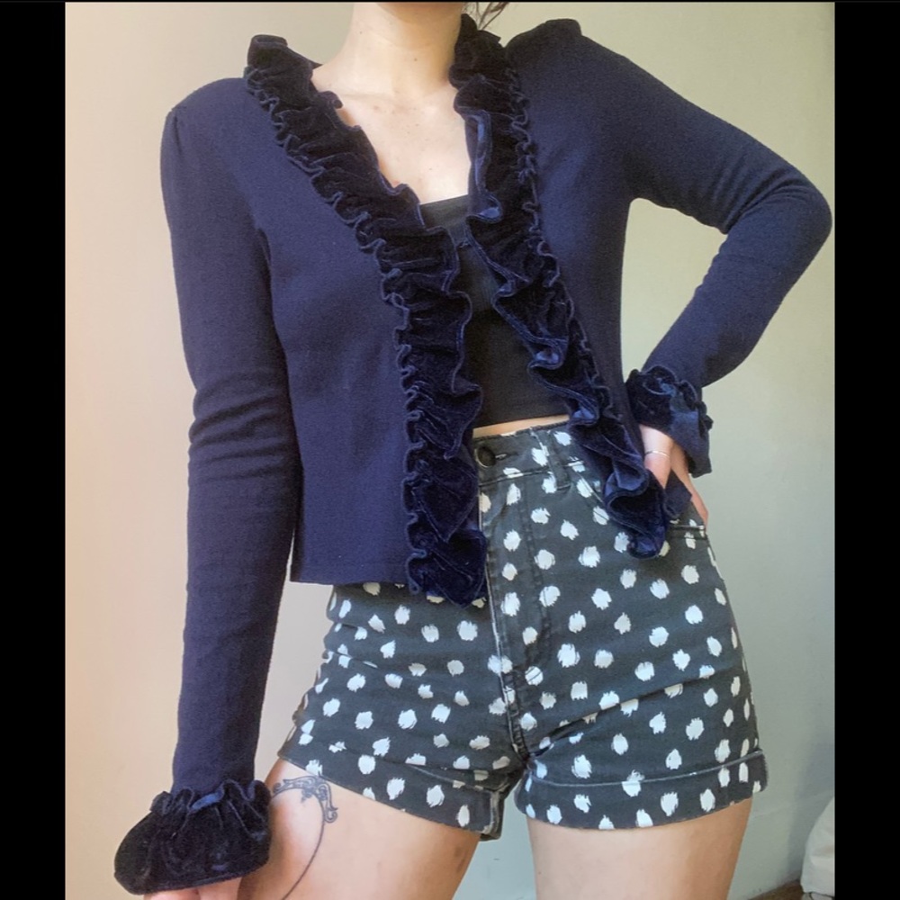 I.N.C Y2K Velvet Ruffle Cropped Cardigan